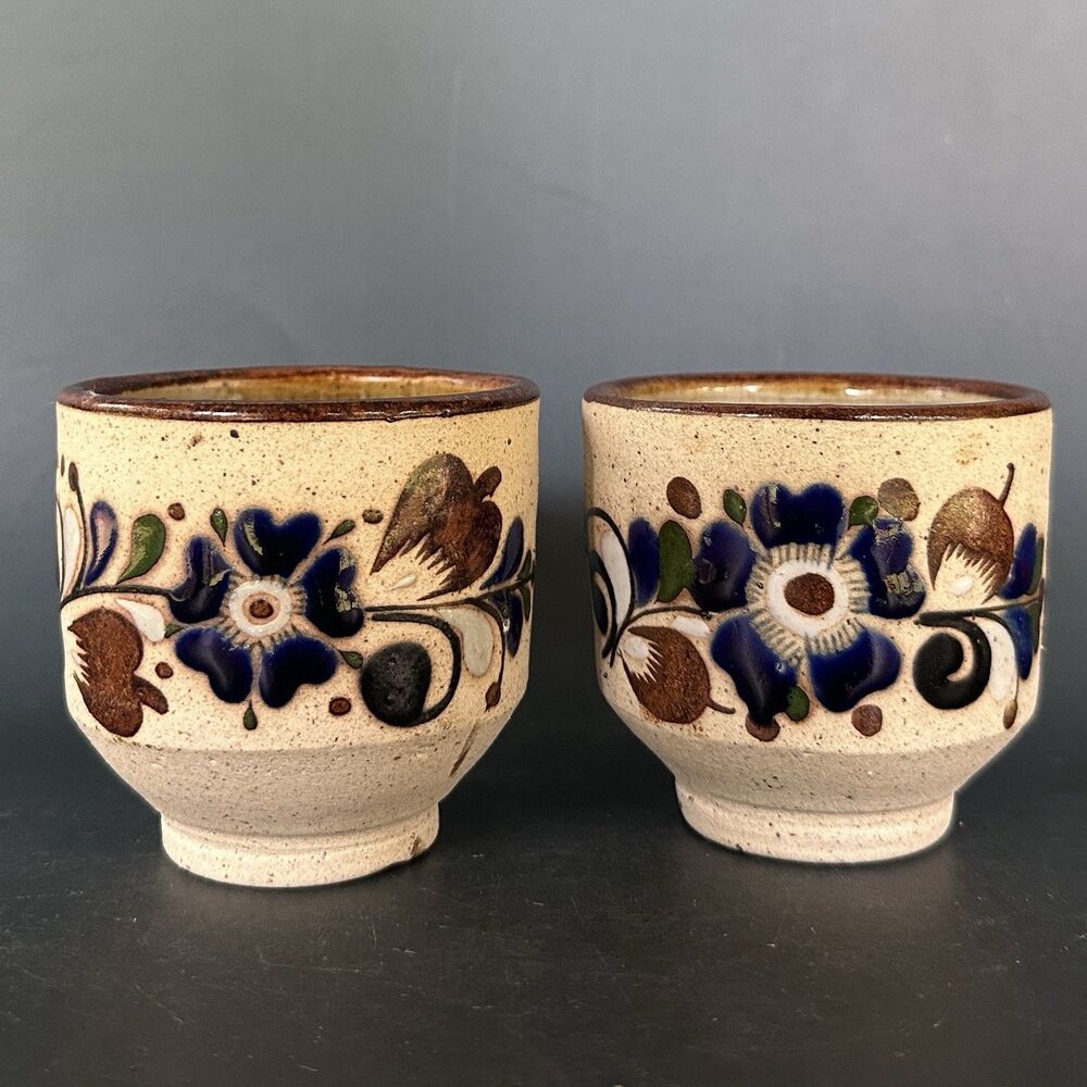 Vintage Mexican Pottery Mugs Set of 4 Tonala Style Hand Painted Stoneware Cups - Picture 3 of 16